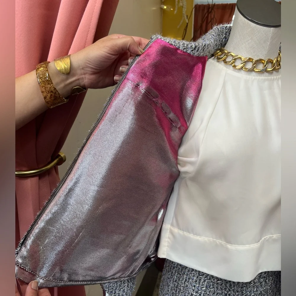 CHANEL Fantasy Tweed Jacket Gray and Metallic and Skirt Set